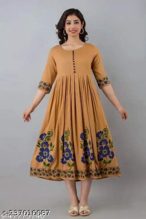Viscose rayon printed long flared Anarkali kurtis for women, three-quarter sleeves, hand block work, pom pom buttons. Kurti suitable for shopping, weddings, parties in India