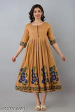 Viscose rayon printed long flared Anarkali kurtis for women, three-quarter sleeves, hand block work, pom pom buttons. Kurti suitable for shopping, weddings, parties in India