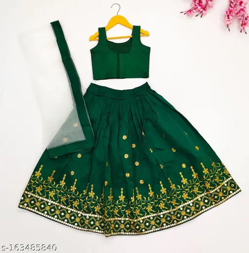 Taffeta silk lehenga choli for kids, embroidered design on net dupatta - Indian bridal wear for girls aged 2-6 years