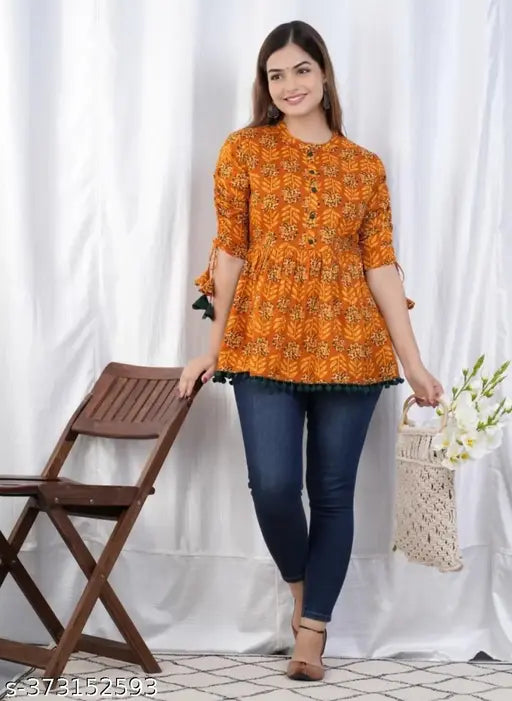 Orange floral patterned short kurti