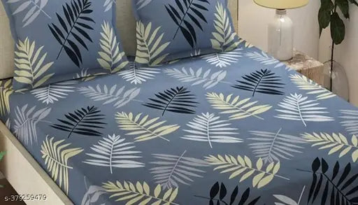 Glaze-cotton, superfine, fitted double bedsheets with 2 pillow covers - ideal for summer, adult use, botanical print, Indian origin
