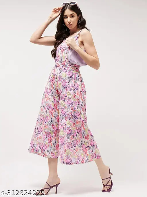 Multicolor digital-printed Pannkh jumpsuit, vibrant floral design on polyester, sleeveless & versatile for casual events (India)