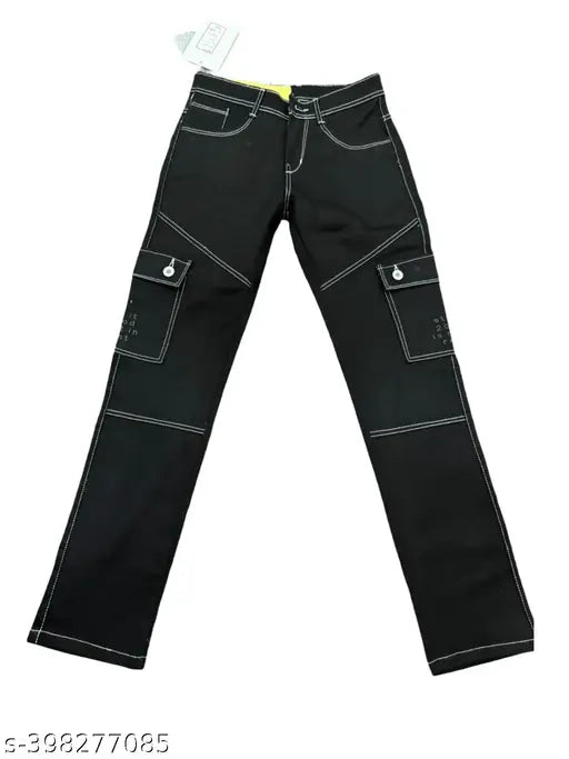 Black cotton blend cargo six-pocket denim jeans, durable and relaxed fit for laid-back style. Machine washable, affordable yet high quality. Available in sizes 28 (waist 30, length 40), 32 (waist 34, length 40), and 34 (waist 36, length 40). Origin: India