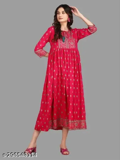 Rayon printed long kurta, bright red