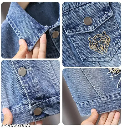 Silver snap button, silver zipper, boys denim jacket with lion logo