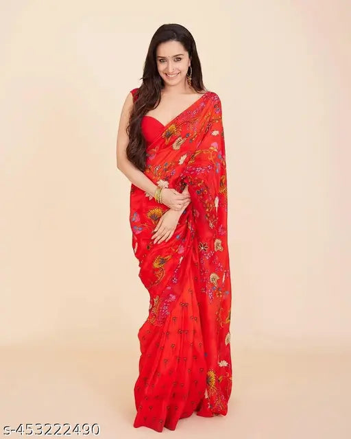 Red georgette printed saree with unstitched art silk blouse piece, inspired by Shraddha Kapoor's style, free size, 5.5m length