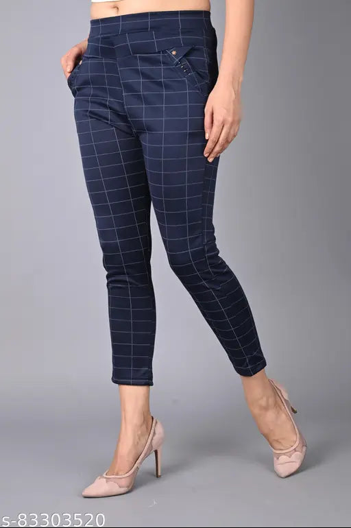 Navy Blue and Black cotton blend check jeggings pack of 2 for women, flattering and stretchy with elastic waistband, great for casual wear