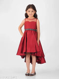 Maroon silk blend sleeveless Hi-Low party dress for girls aged 2-3 years, featuring a toy balloon design" (107 characters)