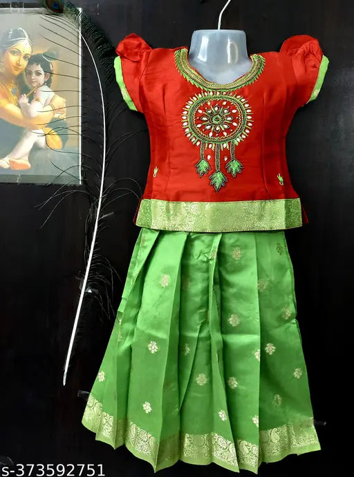 Banaras Silk embroidered pattu lehenga-choli for kids, traditional party wear in Indian designer silk