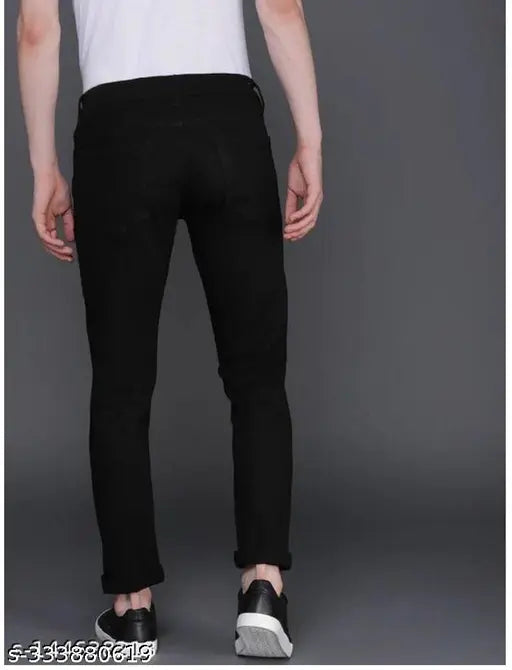 Red denim knee-cut printed jeans, elegant design on display