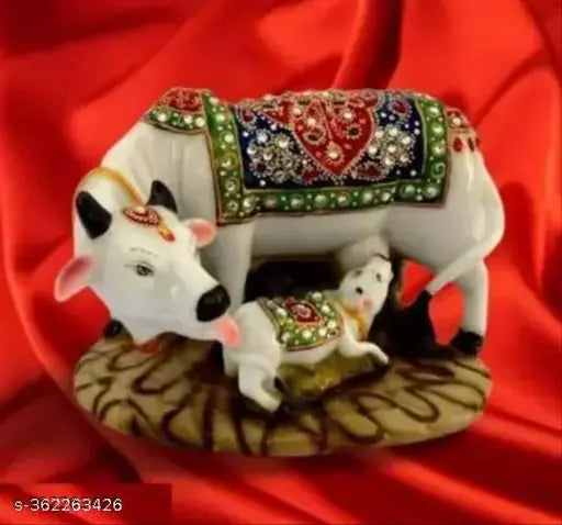 Marble Dust Resin cow and calf sculpture with decorative diamond, handcrafted spiritual figurine for home decor - 5 inch
