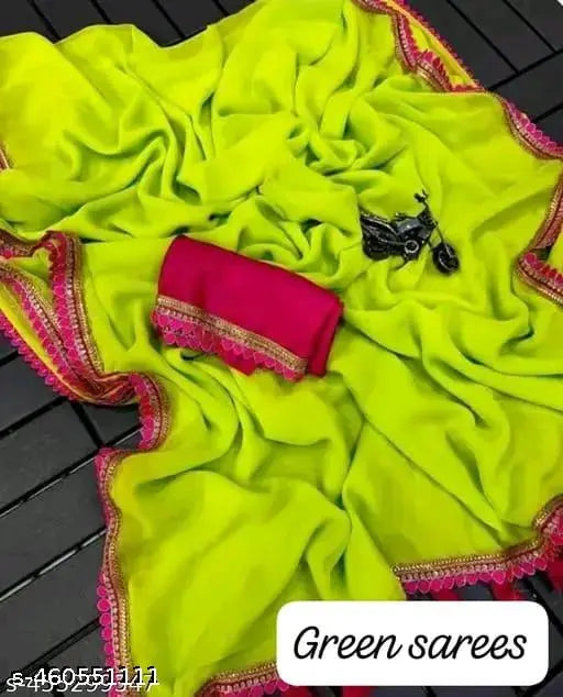 Green satin saree with embroidered lace border, pink pallu, designed in Bollywood style