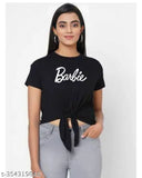 Trendy black crop top with Barbie print, lycra fabric, short sleeves, women's size N available
