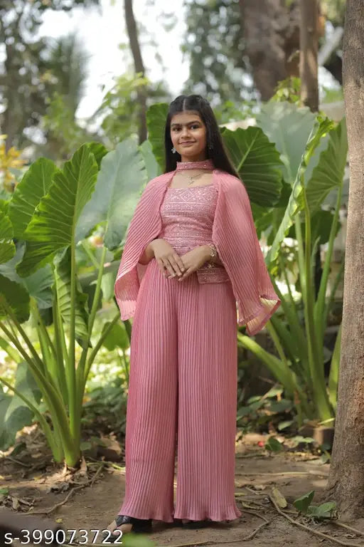 Peach pink Georgette choli plazzo pair, A-line palazzos with embellished sleeves, Indian ethnic ensemble for kids aged 3-15 years
