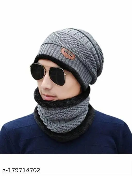 Multicolor windproof woolen winter cap and balaclava set (black, navy, grey) - soft, fur-patterned, onesize combo set of 3 from India