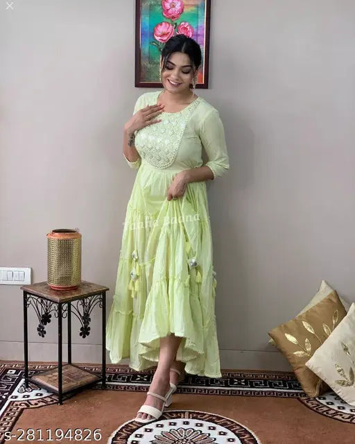 Green rayon embroidered gown with three-quarter sleeves, Indian bridal outfit for larger sizes (L: Bust 40in, Length 48in), on hanger