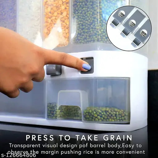 Wall-mounted cereal dispenser with clear airtight container. Transparent plastic design. Kitchen space saving storage