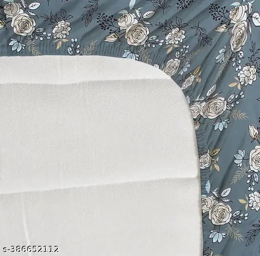Blue Strip Elastic Cotton Floral Double Bedsheet Set with 2 Pillow Covers, size 78x72 and pillows 28x18, ideal for AC rooms