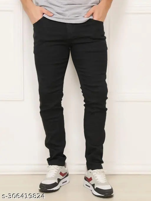 Mens solid black stretchable denim jeans, durable fit for stylish comfort
