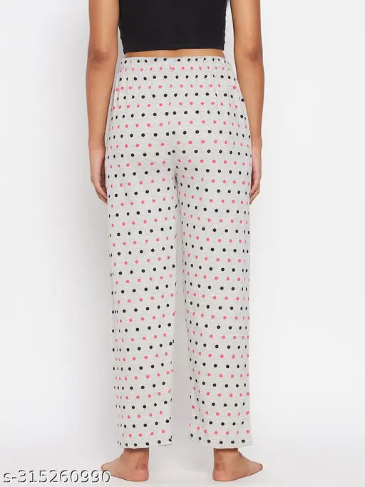 Grey and black polka dot women's pyjama pants with matching night shirt, cotton material