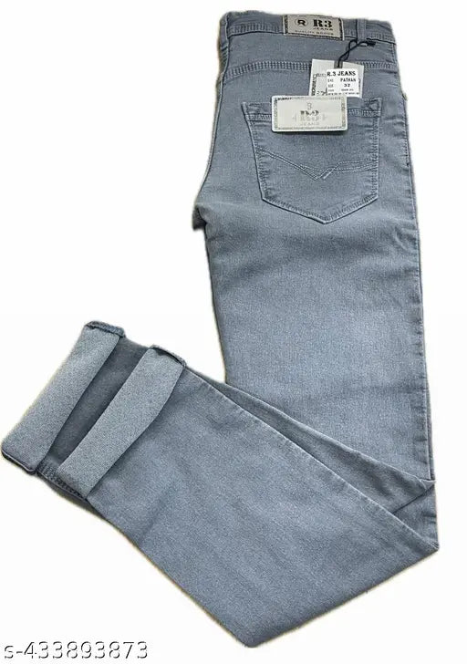 Men's casual stretch jeans in blue with elastic waistband and cuff trim