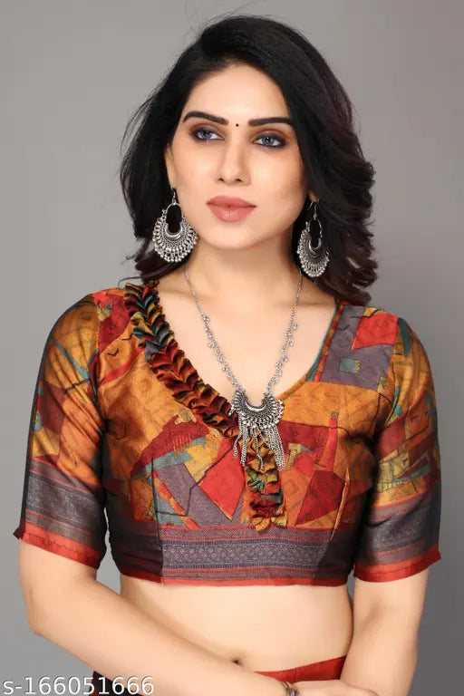 Vivostav chiffon printed saree with matching blouse, Indian fashion in free size
