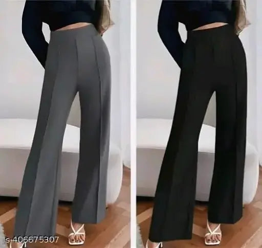 Designer black cotton blend bell bottom palazzo trousers for women, solid net pattern, sizes S-XXL