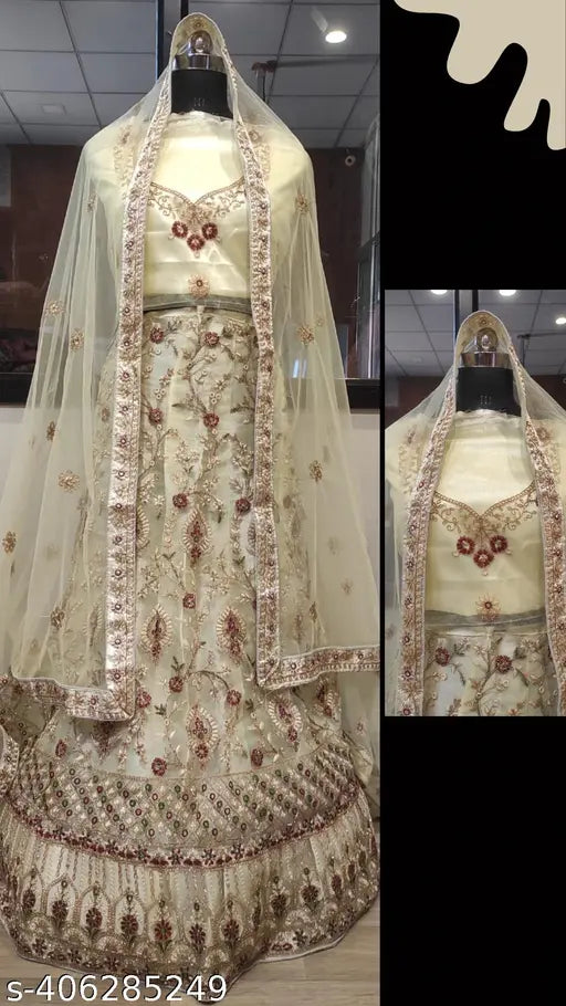 Cream embroidered lehenga choli set with dupatta and blouse, free size, Indian origin, great for normal occasions and festivals