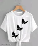 White cotton blend women's butterfly printed round neck half sleeve t-shirt, oversized style