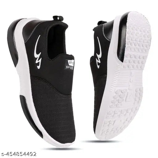 Black, synthetic casual sneakers with white soles