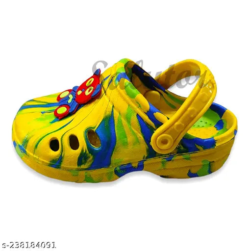 Yellow clog shoes with colorful print, lace trim