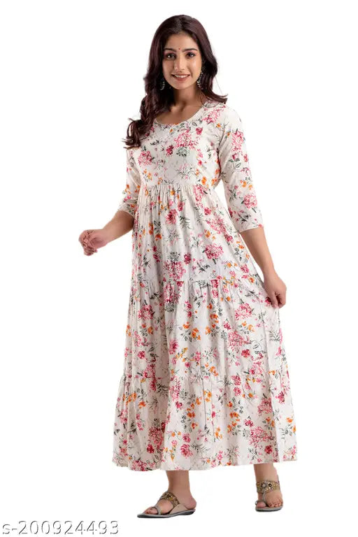 White cream rayon flared Anarkali kurti with floral print, perfect for parties or casual wear. Made in India." (107 characters)