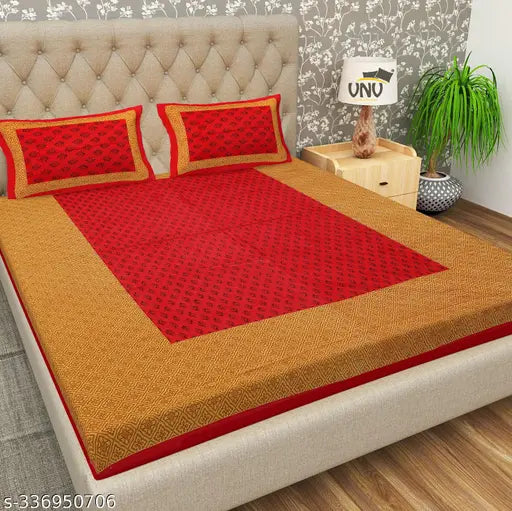 100% cotton Jaipuri double bedshet combo pack, featuring 2 bedsheets and 4 pillow covers in a paisley pattern. Ideal for summer use by adults. VNV Creation, made in India