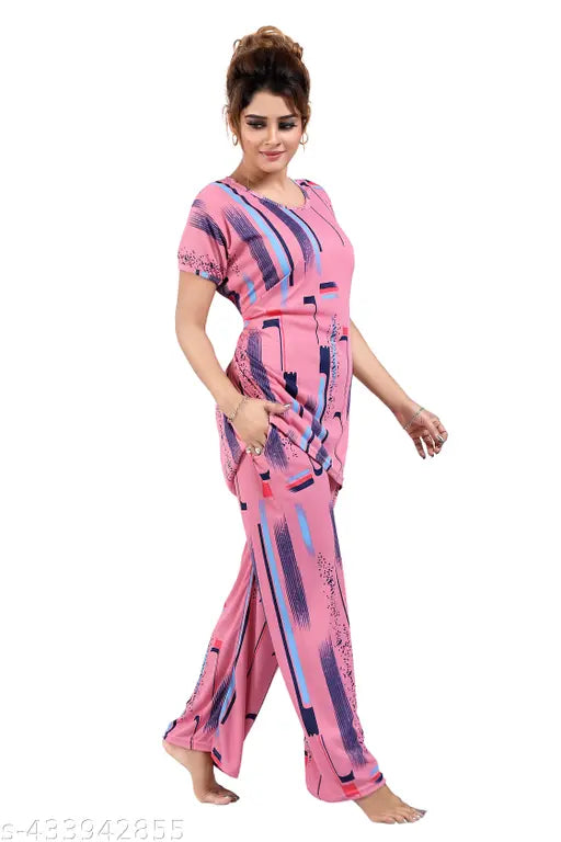 Women's printed polyester night suit with pocket, perfect for comfortable and stylish sleepwear