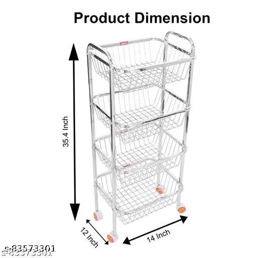 Silver metal 4-shelf grocery cart with wheels for kitchen storage