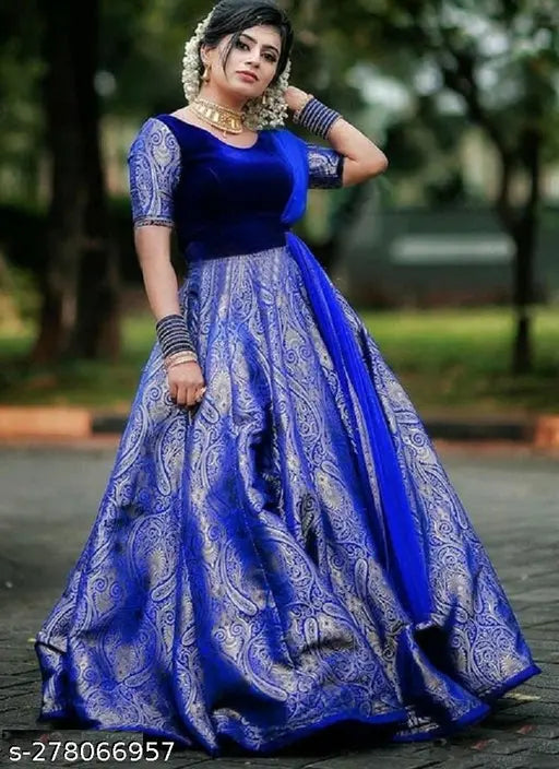 Velvet-stitched Banarasi Silk Anarkali Gown Dupatta Set, embellished and available in various sizes