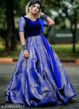Velvet-stitched Banarasi Silk Anarkali Gown Dupatta Set, embellished and available in various sizes