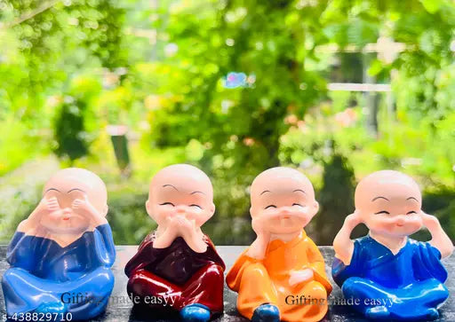 Smiling Buddha and Gandhi Ji lessons Monk showpiece Mini Set of 4, decorative religious idols for home, car, office, Diwali, New Year, Christmas