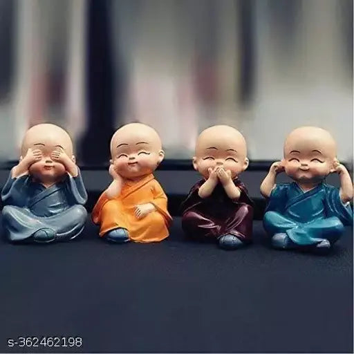 Resin Buddha Monk 4-piece set, handcrafted Indian figurines for car dashboards, offices, or gifts. Easily cleaned with wet cloth, durable paint job