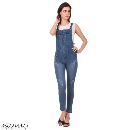 Medium dark blue denim dungarees for women, sleeveless, ankle length - India's latest trendy fashion