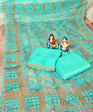 Indian net saree with semi-stitched blouse, embroidered pattern, free size, length 6m for saree and 1m for blouse