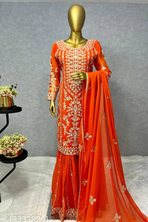 Orange kameez with heavy embroidery, 3-piece outfit including kurta, sharara, dupatta