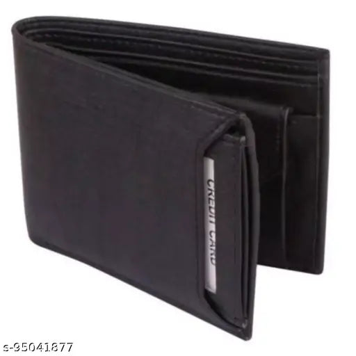 Black synthetic trifold wallet for men, with 2 compartments, 1 coin pocket, and multiple card slots. Classic design from Fashion Link, made in India