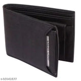 Black synthetic trifold wallet for men, with 2 compartments, 1 coin pocket, and multiple card slots. Classic design from Fashion Link, made in India