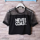 Black cotton crop top with Never Coast print, short sleeves and round neck for women by Istyle Can