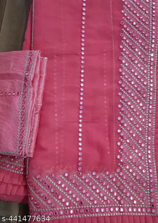 Red and pink saree with sequined zari work, pallu, and blouse, complete