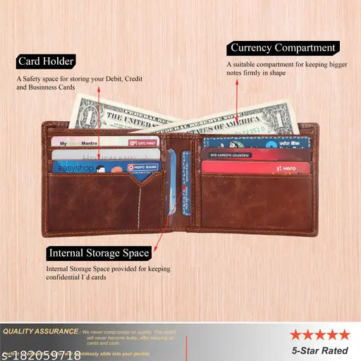 Stylish leather wallet, 2 compartments, solid pattern, free size, Indian-made, 100% genuine leather accessory