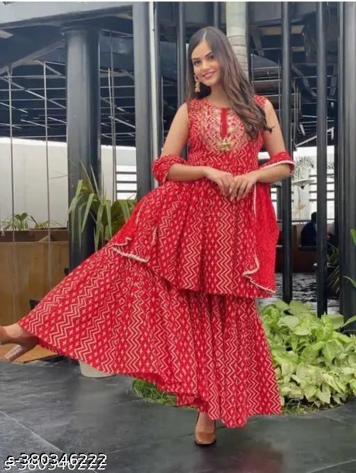 Red, embroidered, long kurta with matching dupatta