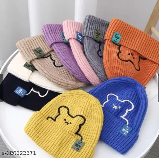 Assorted color Tomkot cute Korean style knitted beanies pack of 1 with bear embroidery, winter hat for women and men
