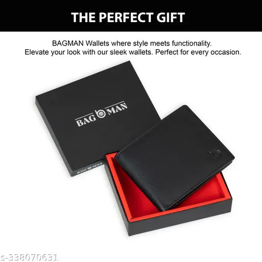 Black genuine leather men's wallet with RFID blocking, featuring 2 compartments and a coin pocket